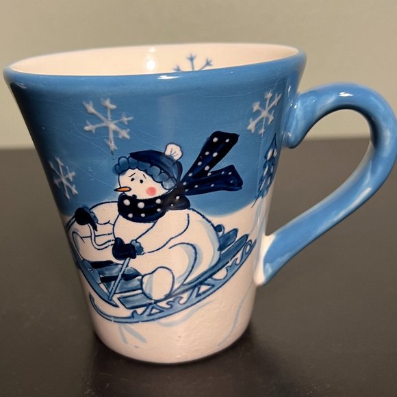 Set of 2 Hand Painted Snowman Sledding  Ceramic Mugs by NorthCrest Home - Picture 3 of 7